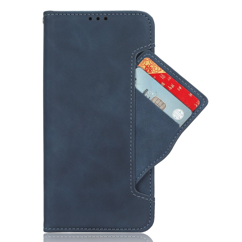 Étui de téléphone bleu foncé avec fentes pour cartes.