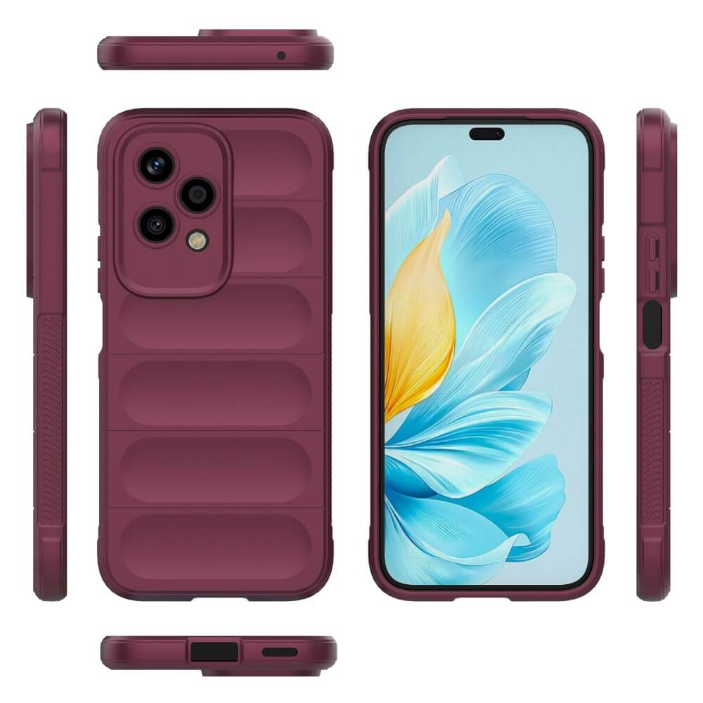 Une coque de téléphone bordeaux avec dos côtelé et découpe caméra, vue sous plusieurs angles.