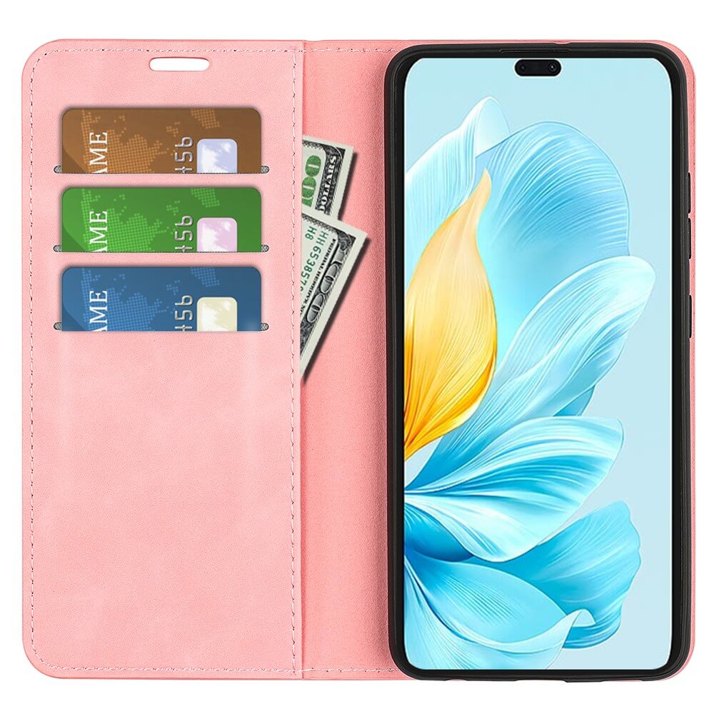 Un étui rose pour téléphone avec des fentes pour cartes et des billets à côté d'un smartphone affichant un fond floral.