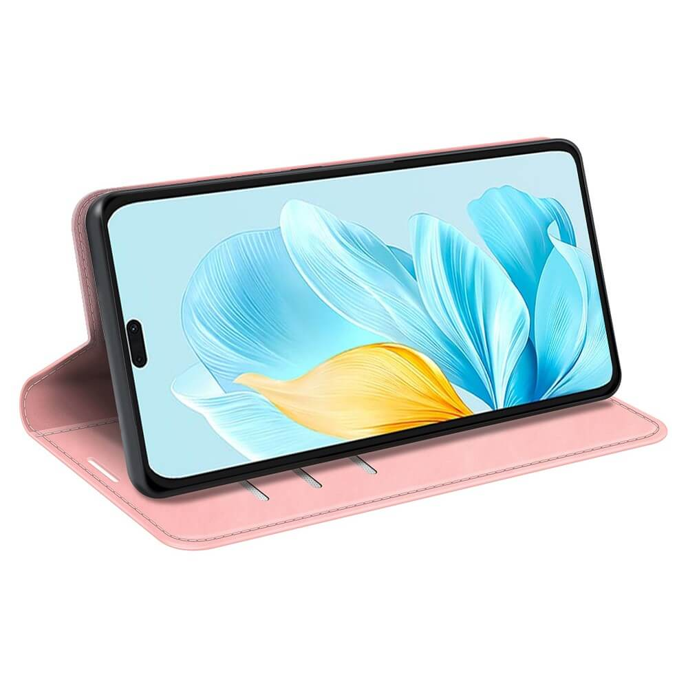 Un étui de téléphone rose tenant un smartphone affichant une image de fond bleue et jaune.