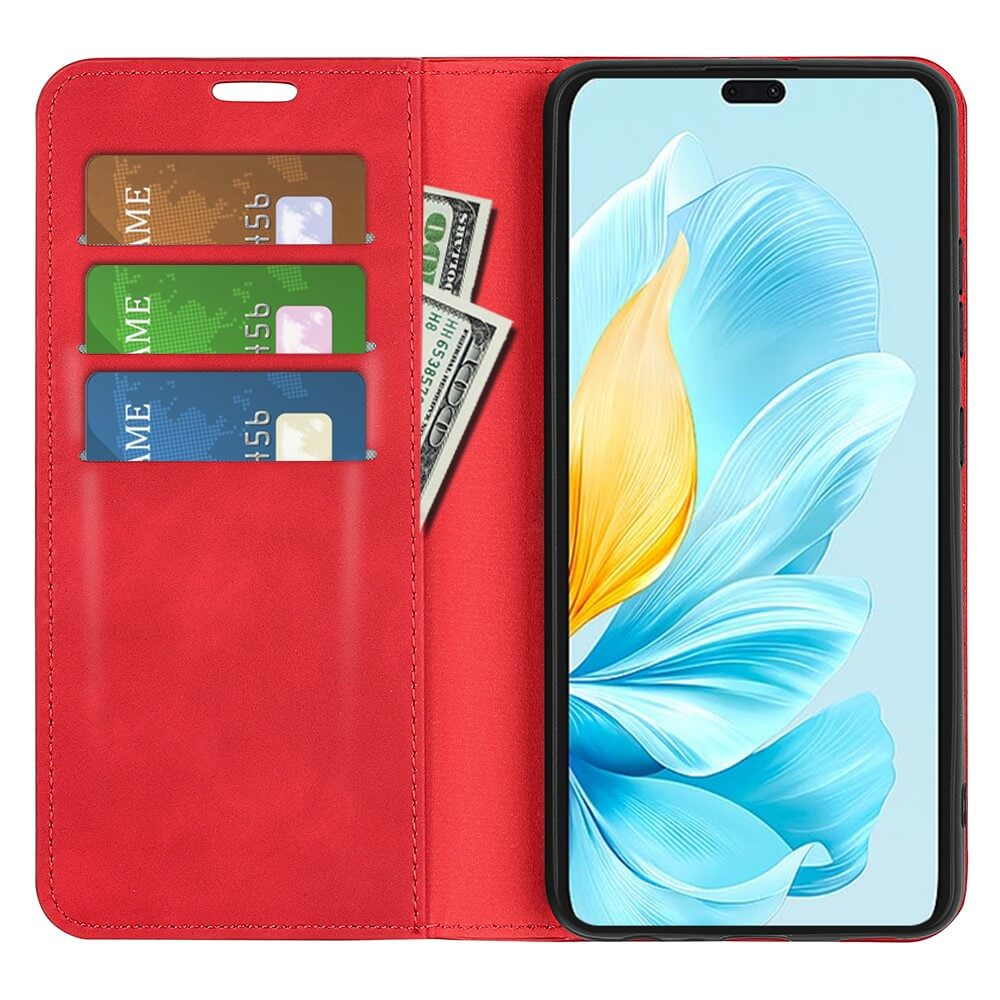 Étui de téléphone rouge avec fentes pour cartes, argent et un téléphone affichant un fond floral.