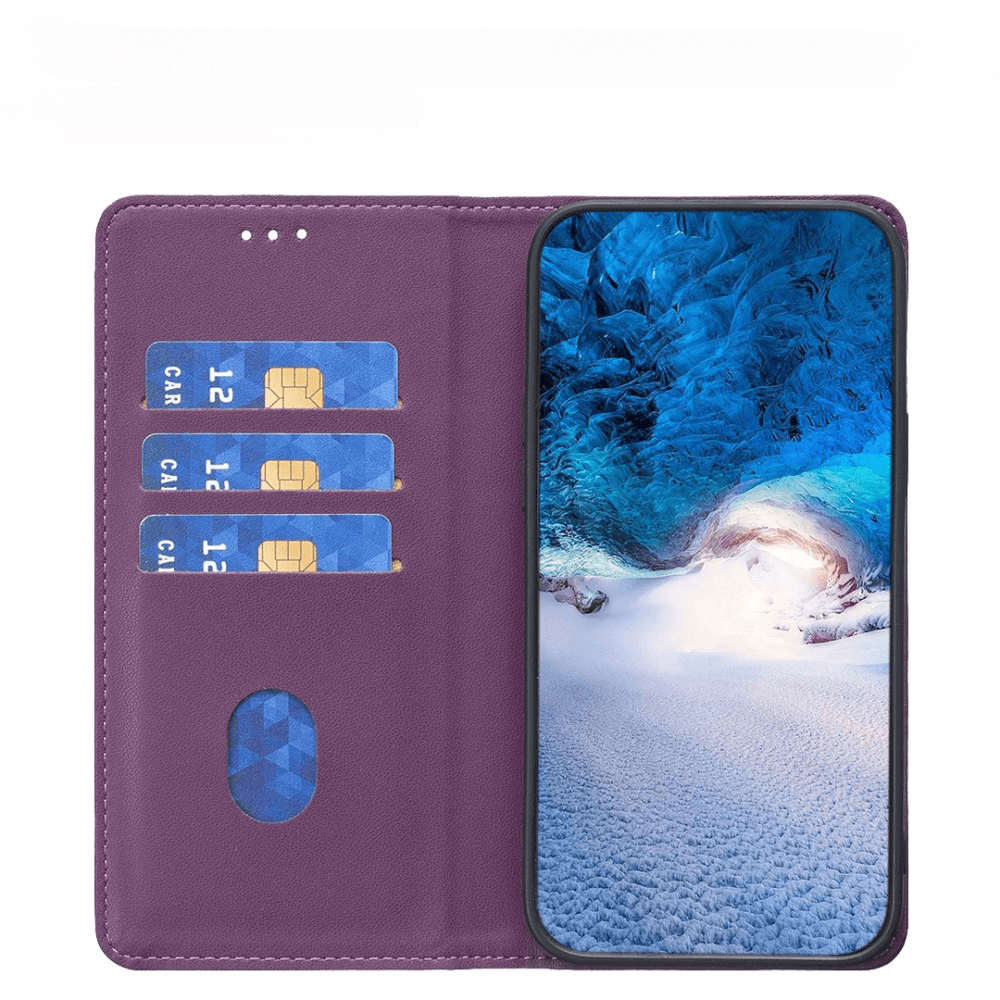 Étui de téléphone violet avec trois fentes pour cartes et un tél éphone affichant un fond de grotte de glace.
