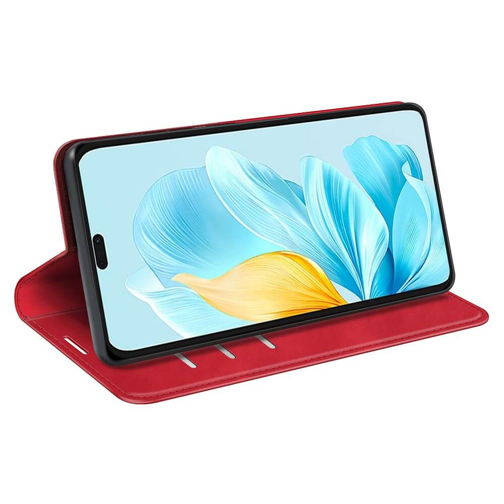 Un étui de téléphone rouge est ouvert, affichant un smartphone avec un fond d'écran floral bleu et jaune.