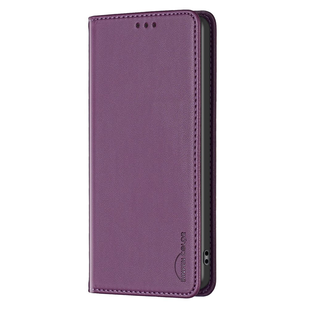 Étui de téléphone violet fermé avec trois points devant et logo.