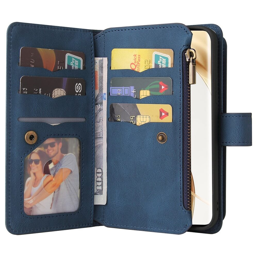 Portefeuille bleu avec photo, cartes de crédit, argent et fente pour téléphone. Fermeture éclair.