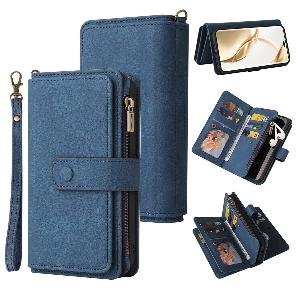 Étui portefeuille bleu pour téléphone avec fermeture éclair, fentes pour cartes et photos.