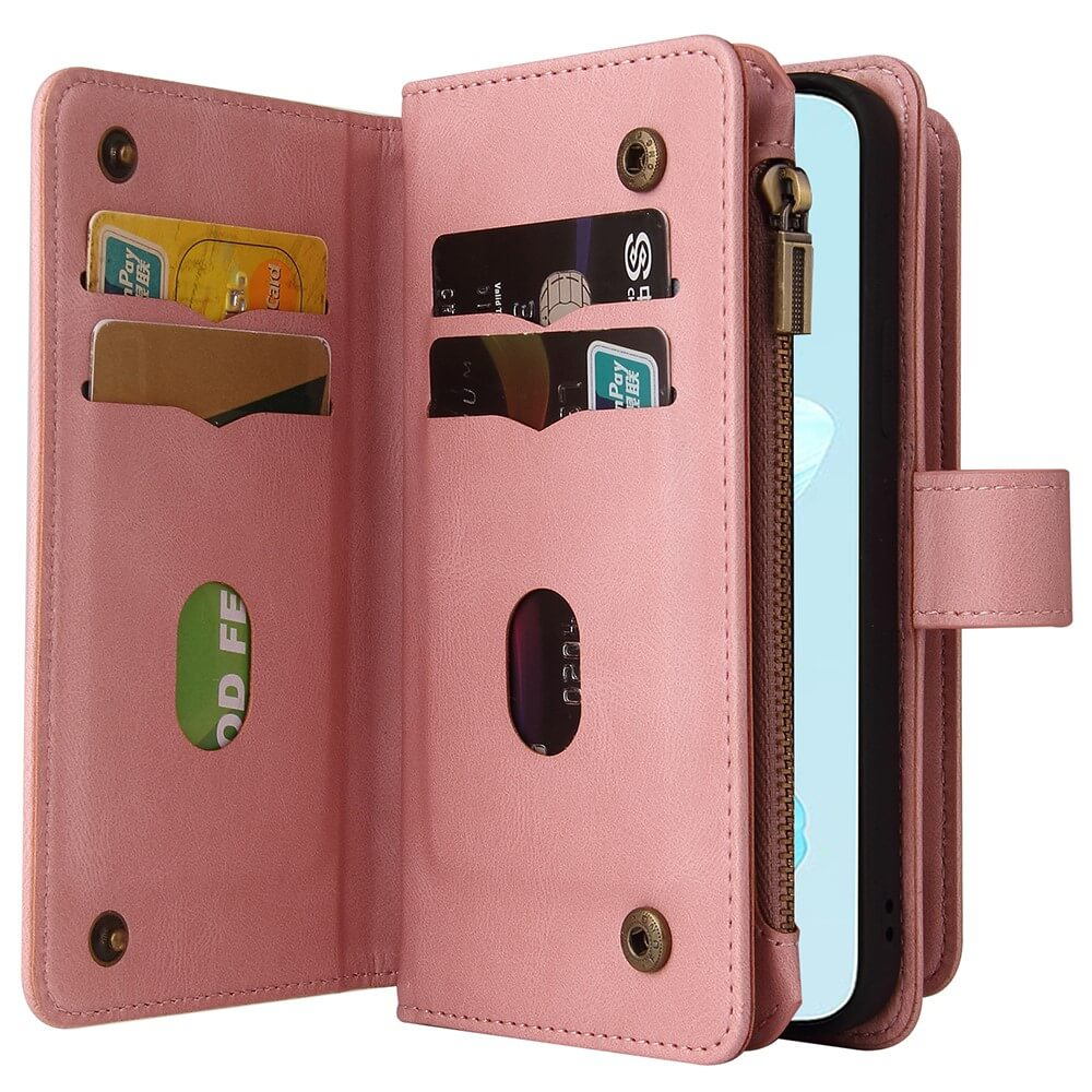 Un porte-cartes portefeuille en cuir rose avec plusieurs fentes pour cartes et une fermeture éclair.