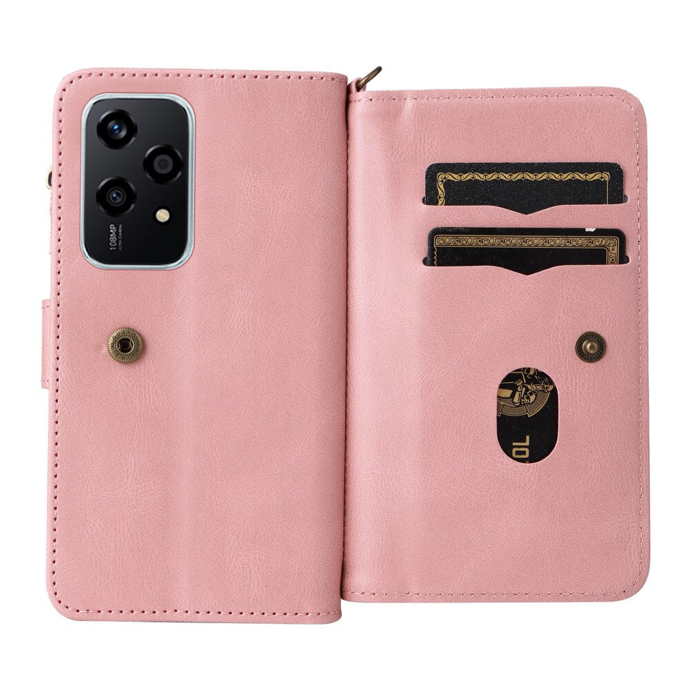 Un étui de téléphone rose avec des fentes pour cartes et une découpe de caméra 108MP.