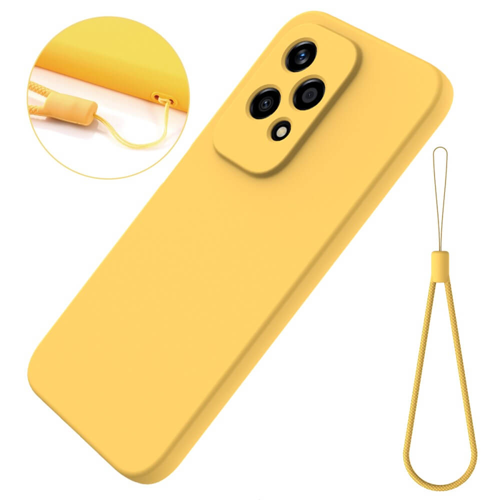 Coque de téléphone jaune avec bloc caméra et cordon.