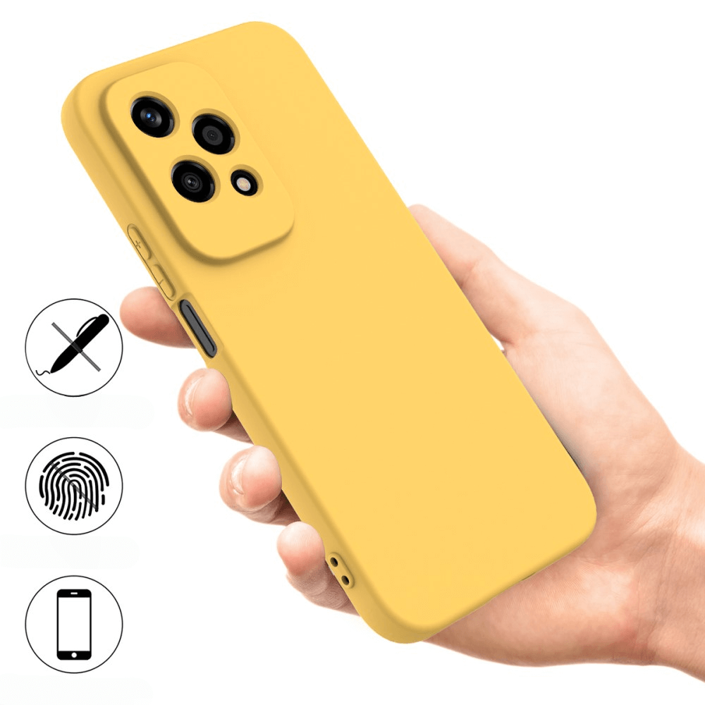 Coque de téléphone jaune tenue en main avec trois icônes à côté.