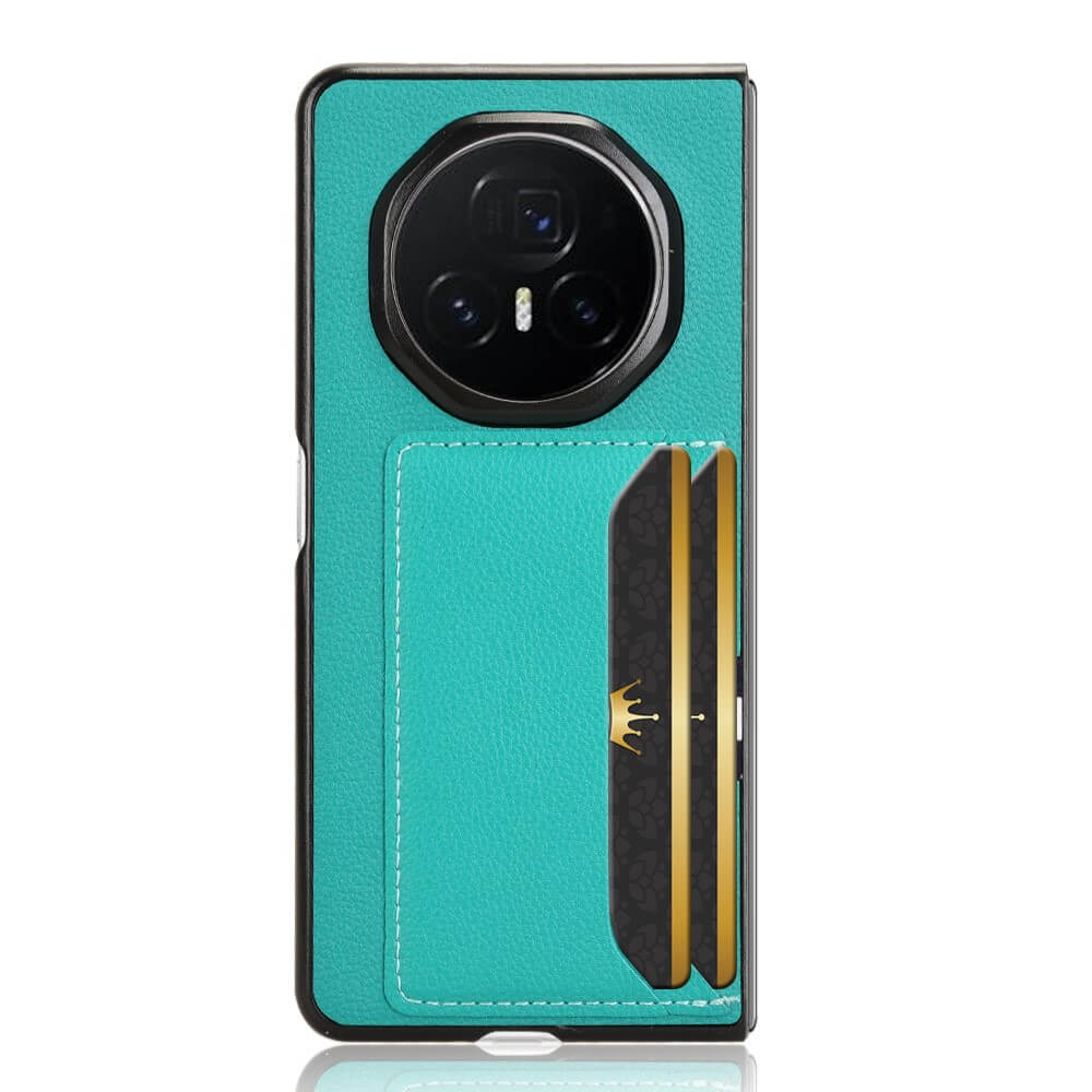Étui de téléphone turquoise avec fentes pour cartes et module caméra.