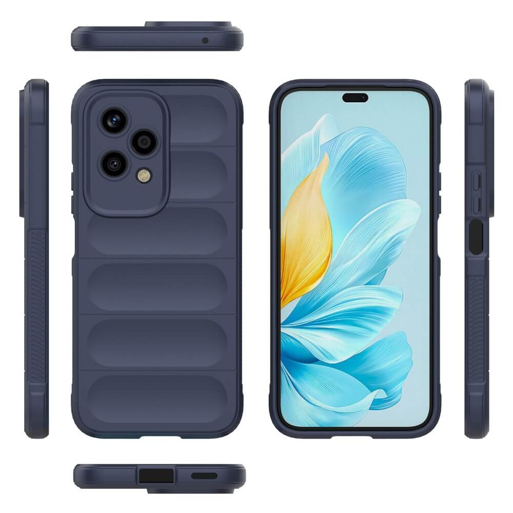Coque de téléphone bleu foncé à motif côtelé, dos avec appareil photo, avant avec écran.