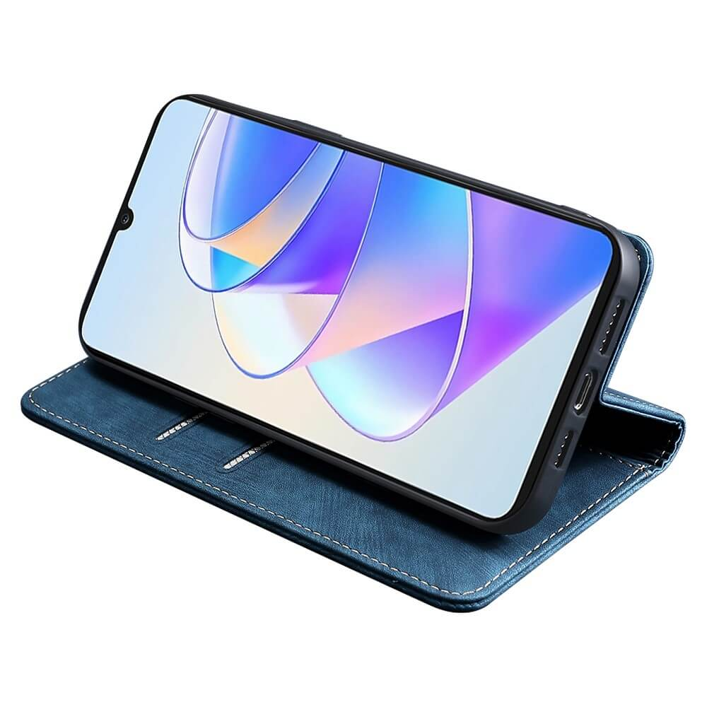 Étui à rabat bleu pour téléphone, fond blanc.