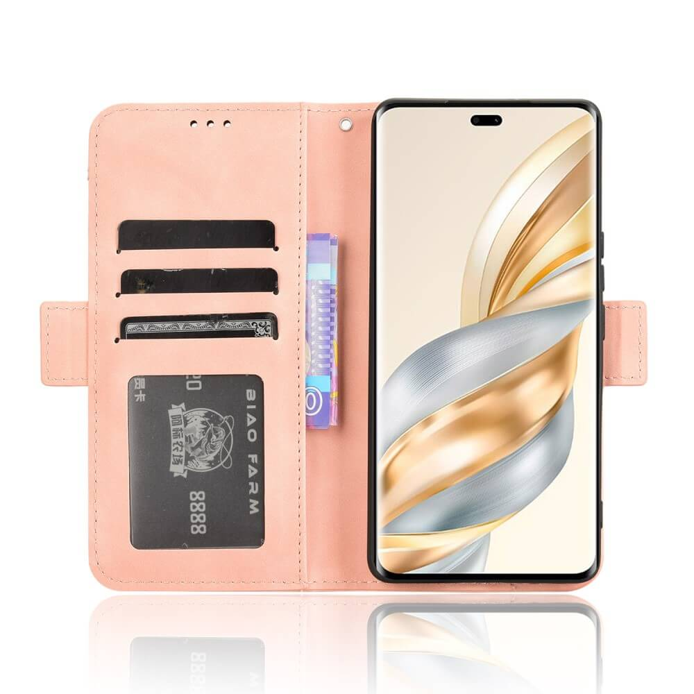 Un étui de téléphone rose avec des fentes pour cartes et un smartphone.