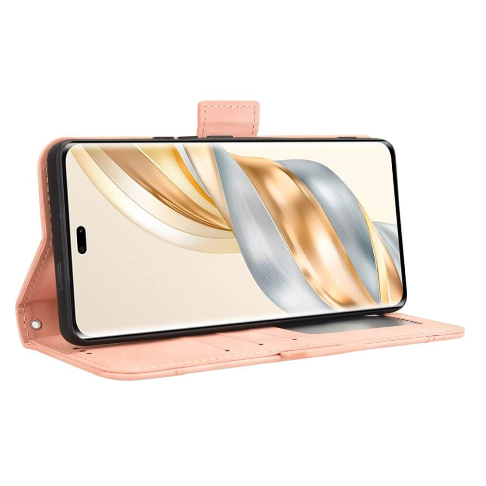 Un étui portefeuille rose pour téléphone avec écran moderne.