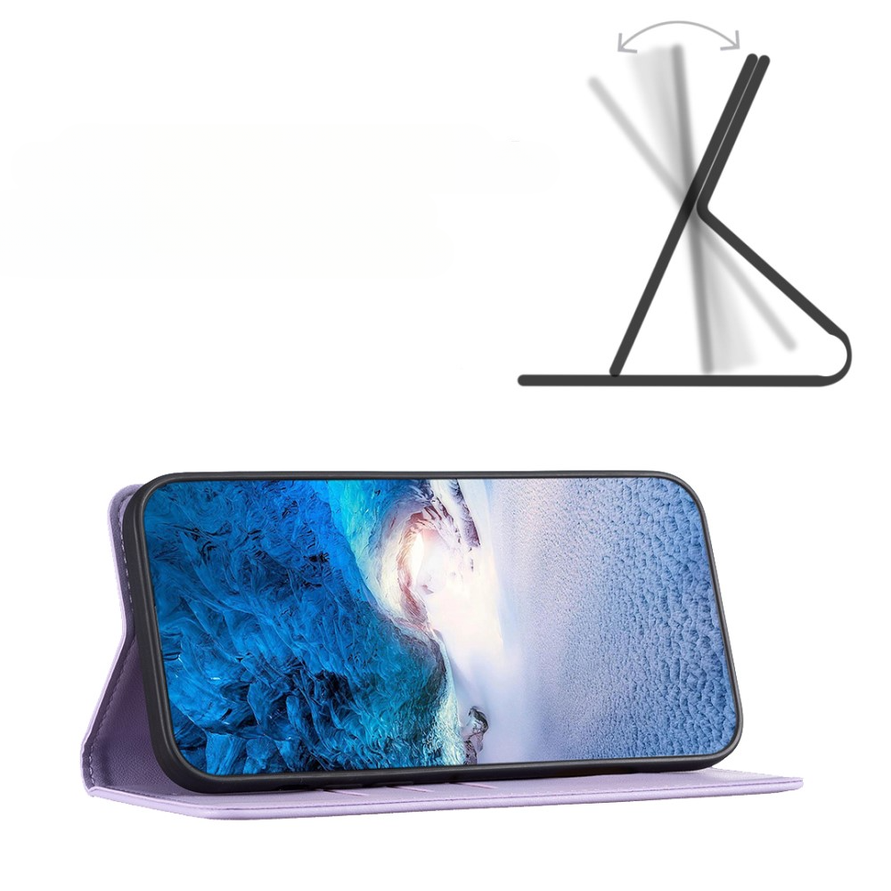 Un support violet pour smartphone tenant un téléphone affichant un paysage glacé.
