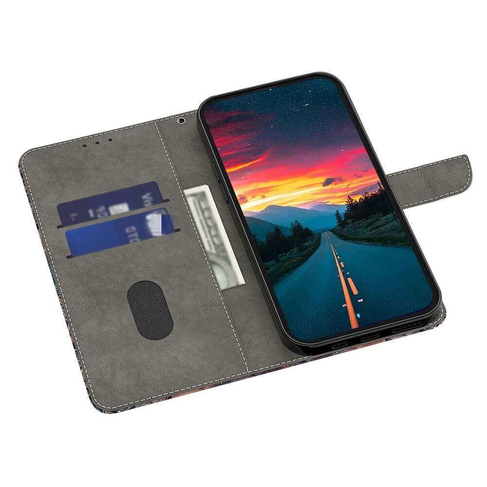 Custodia grigia per telefono con slot per carte e telefono con paesaggio.