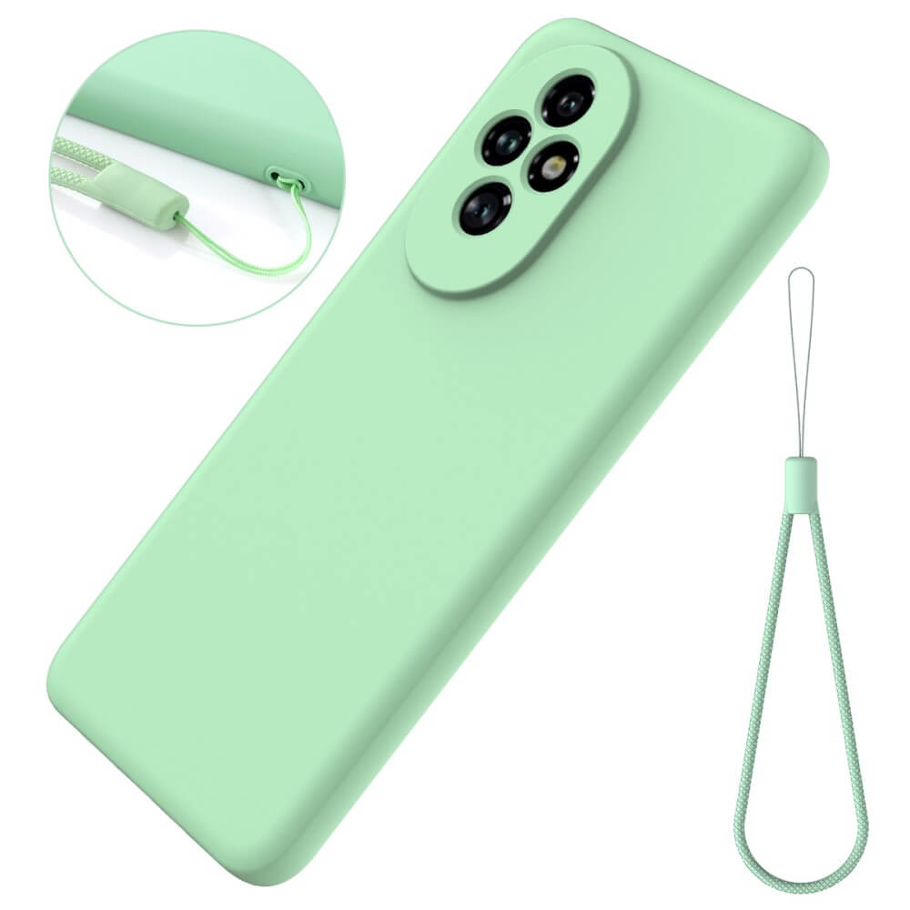 Coque de téléphone vert clair avec module caméra et dragonne.