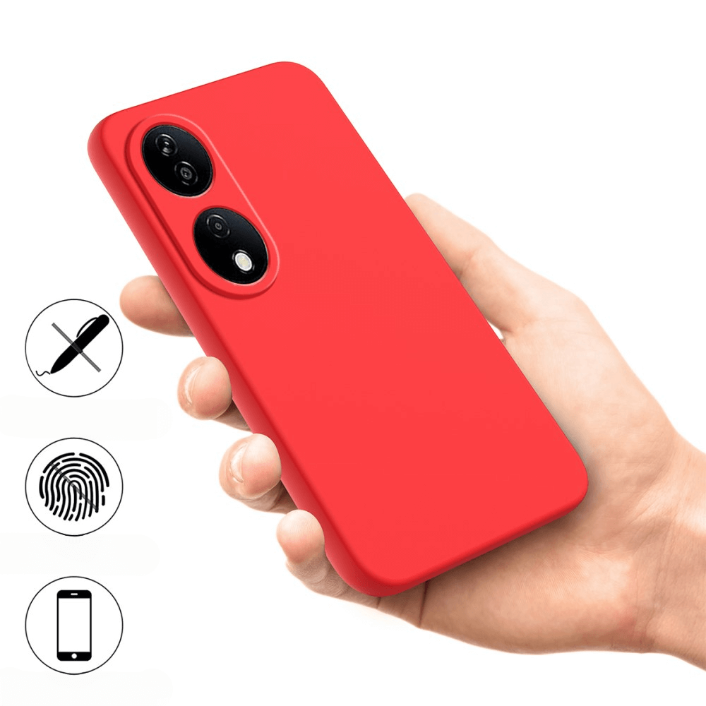 Coque de téléphone rouge tenue en main, avec icônes d'empreinte et stylo.