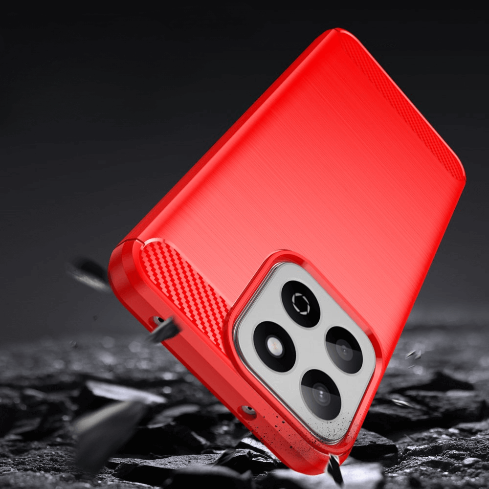 Coque de téléphone rouge tombant sur des rochers noirs, découpe caméra visible.