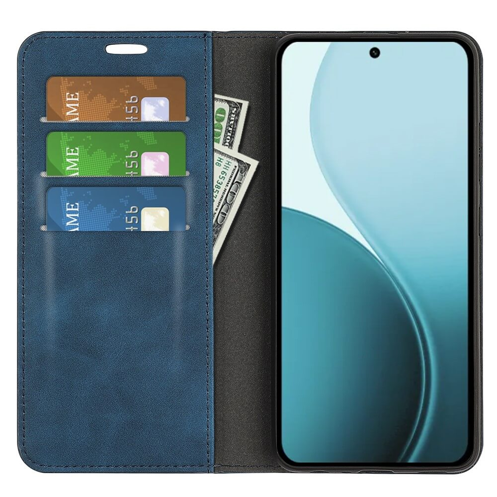 Étui de téléphone bleu avec fentes pour cartes et billets.