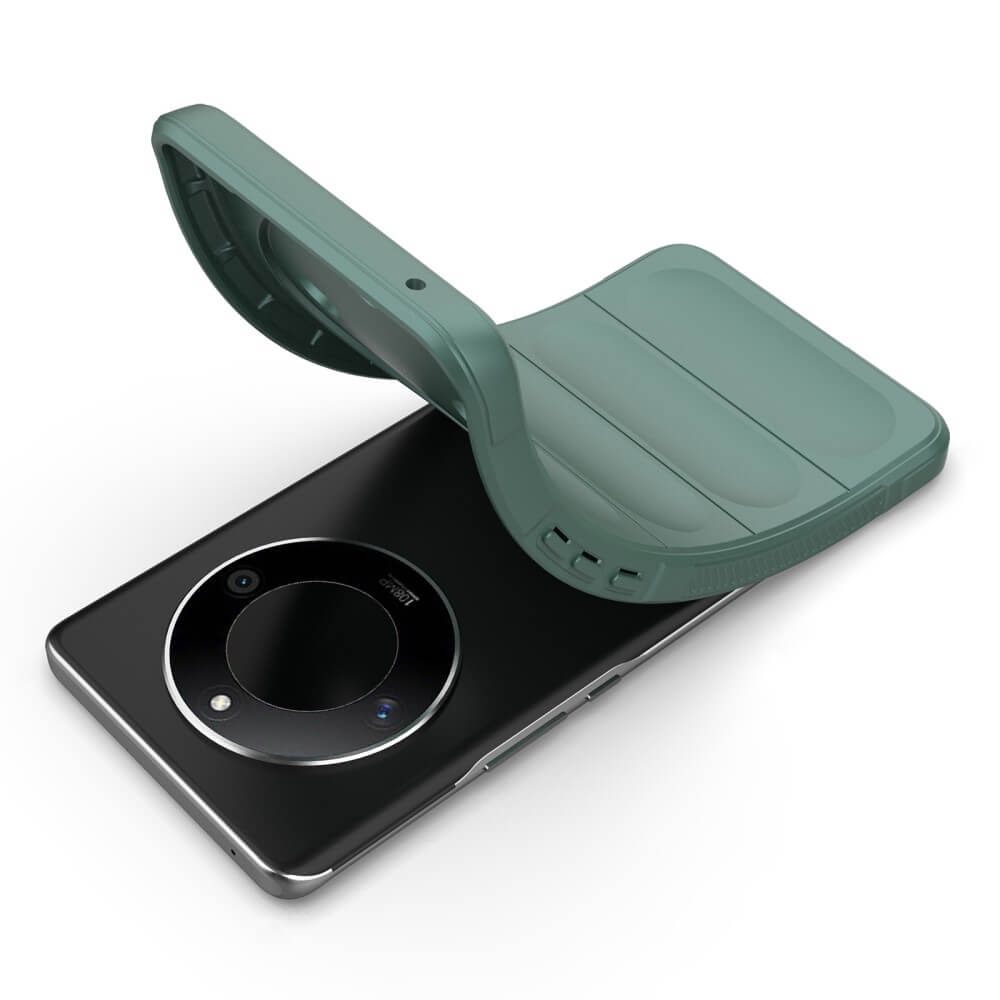 Coque de téléphone verte sur un smartphone noir avec appareil photo.