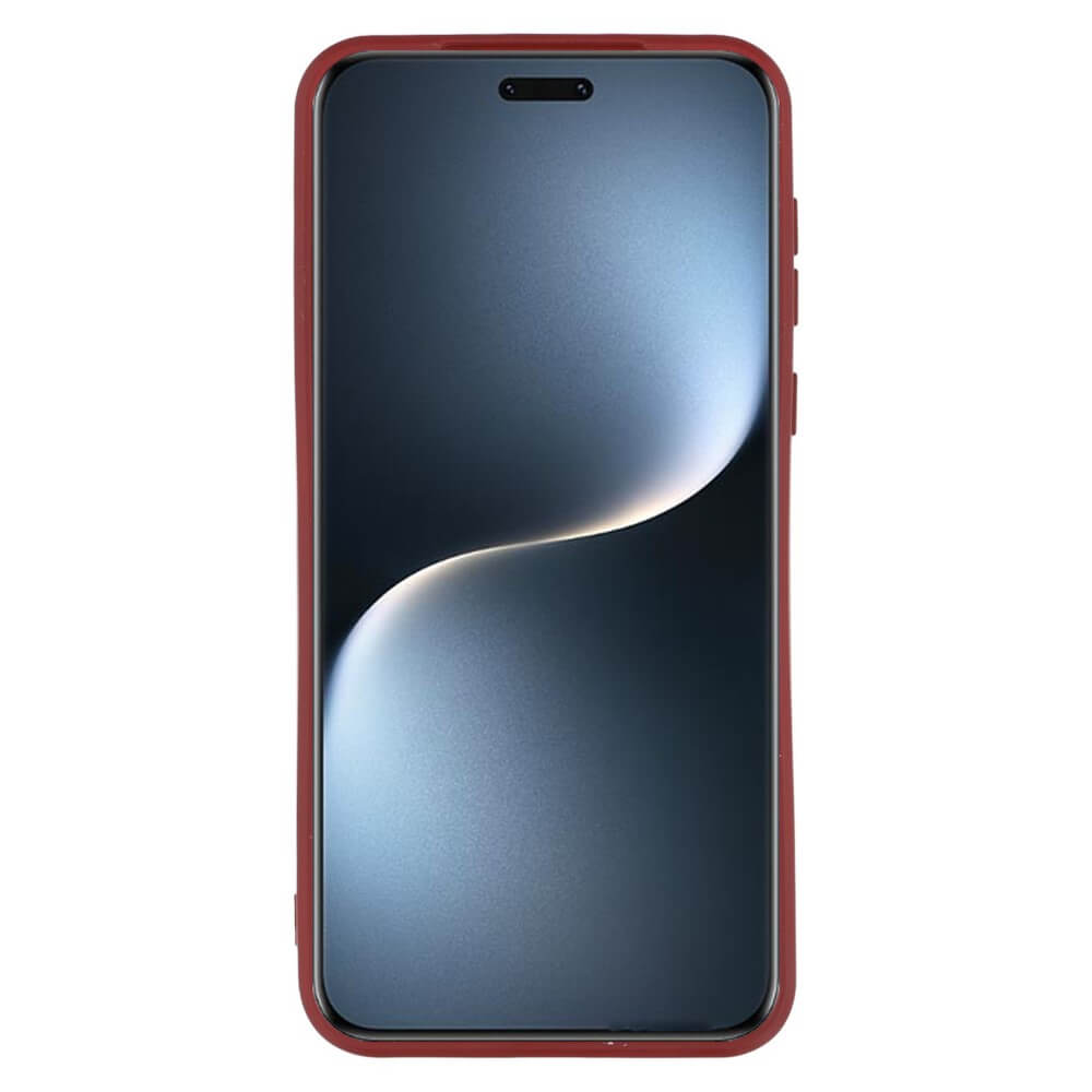 Une coque de téléphone rouge recouvre un smartphone à écran sombre avec une courbe lumineuse.