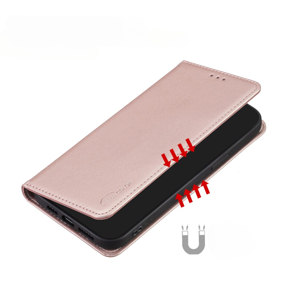 Un étui de téléphone rose doré avec fermeture magnétique et flèches rouges.