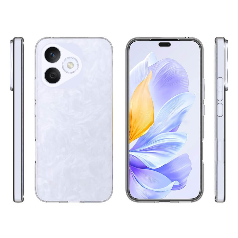 Un smartphone blanc dans une coque transparente, vu de face et de dos.