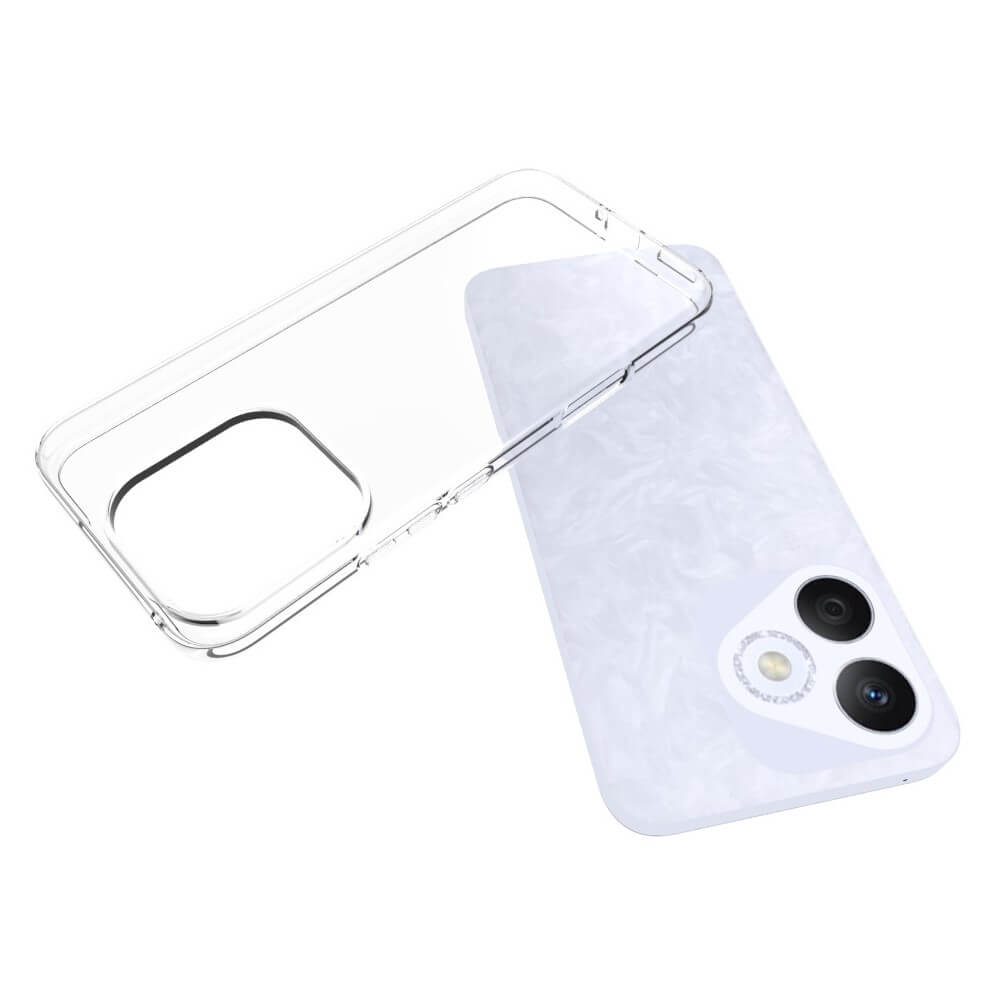 Une coque de téléphone transparente repose à côté d'un téléphone blanc avec deux caméras.
