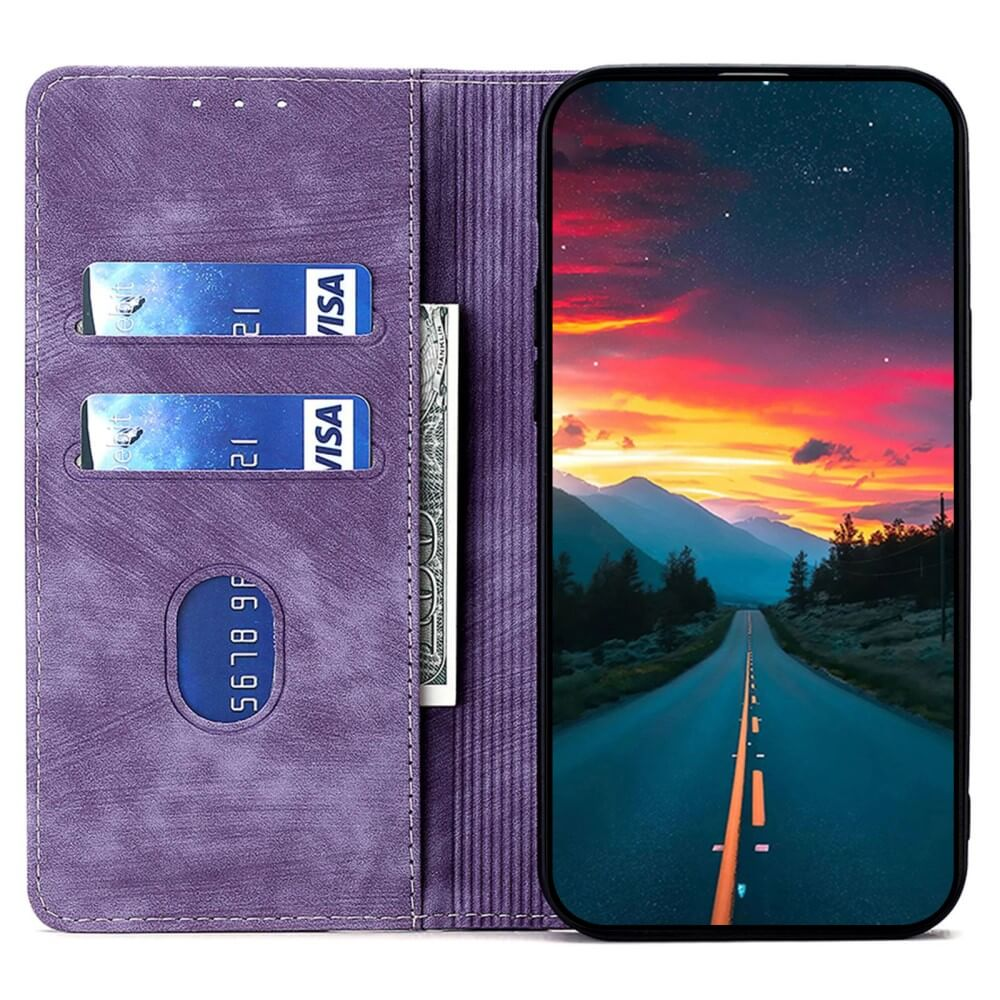 Étui pour téléphone violet avec fentes pour cartes et argent. Téléphone affiche paysage.