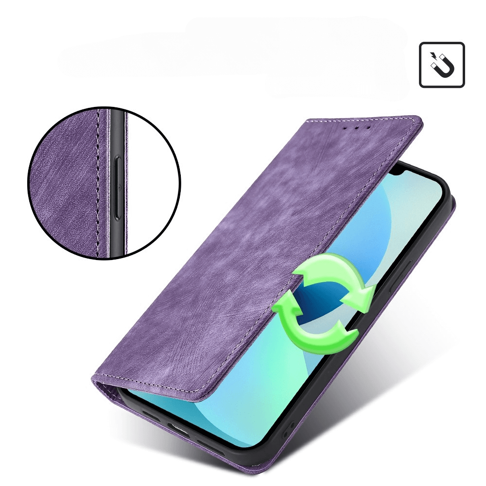 Étui de téléphone violet avec fermeture magnétique et gros plan des boutons.