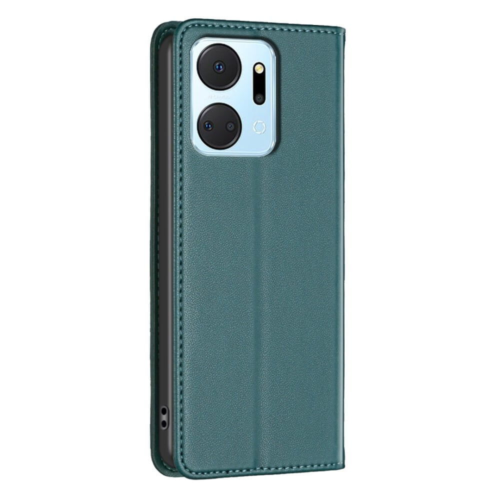 Un étui de téléphone vert ouvert montre la caméra et l'écran.