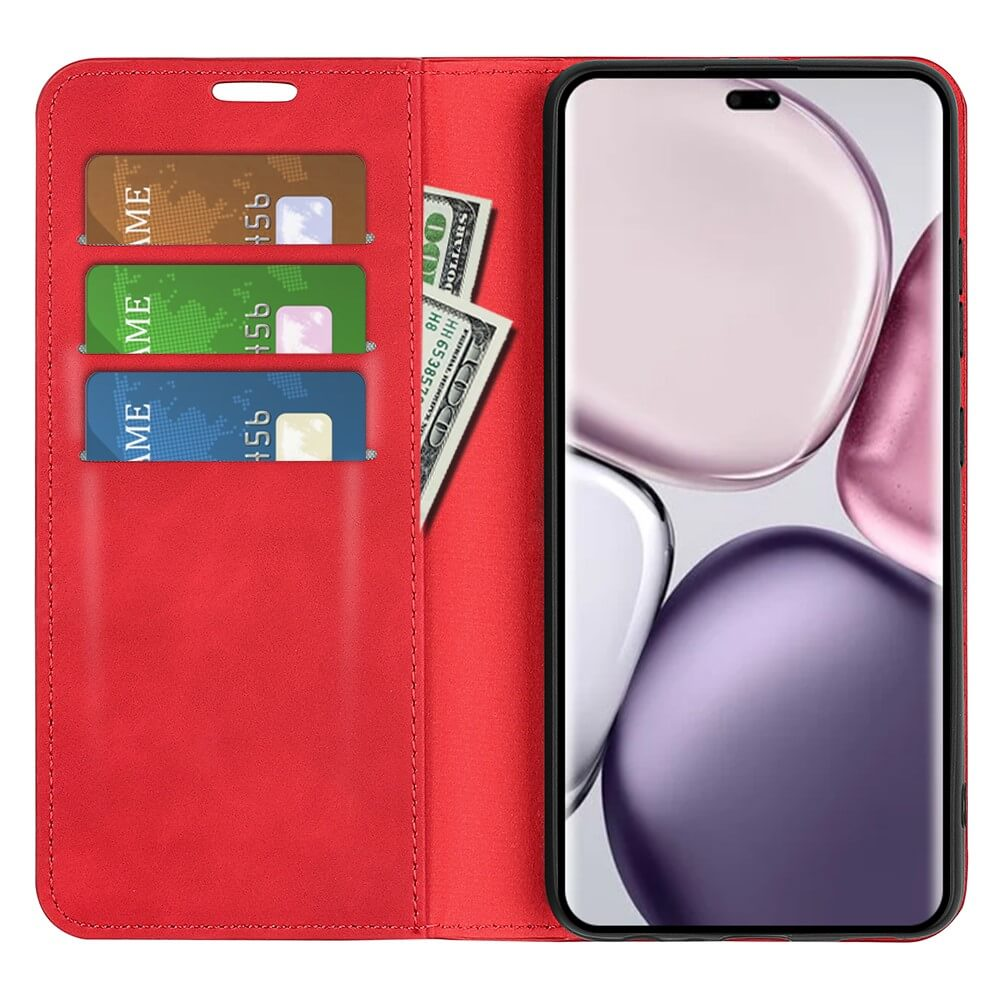 Étui de téléphone rouge avec trois fentes pour cartes et billets, tenant un smartphone.