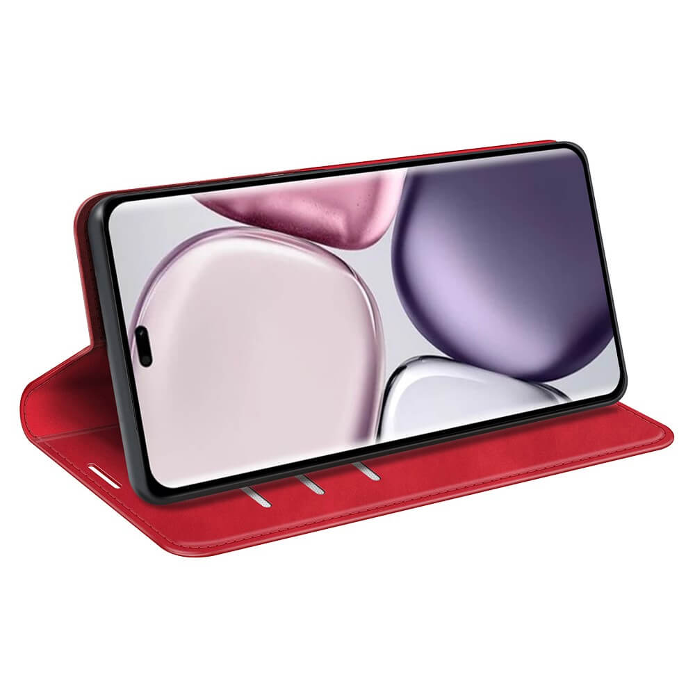 Étui de téléphone à clapet rouge avec écran coloré sur fond blanc.