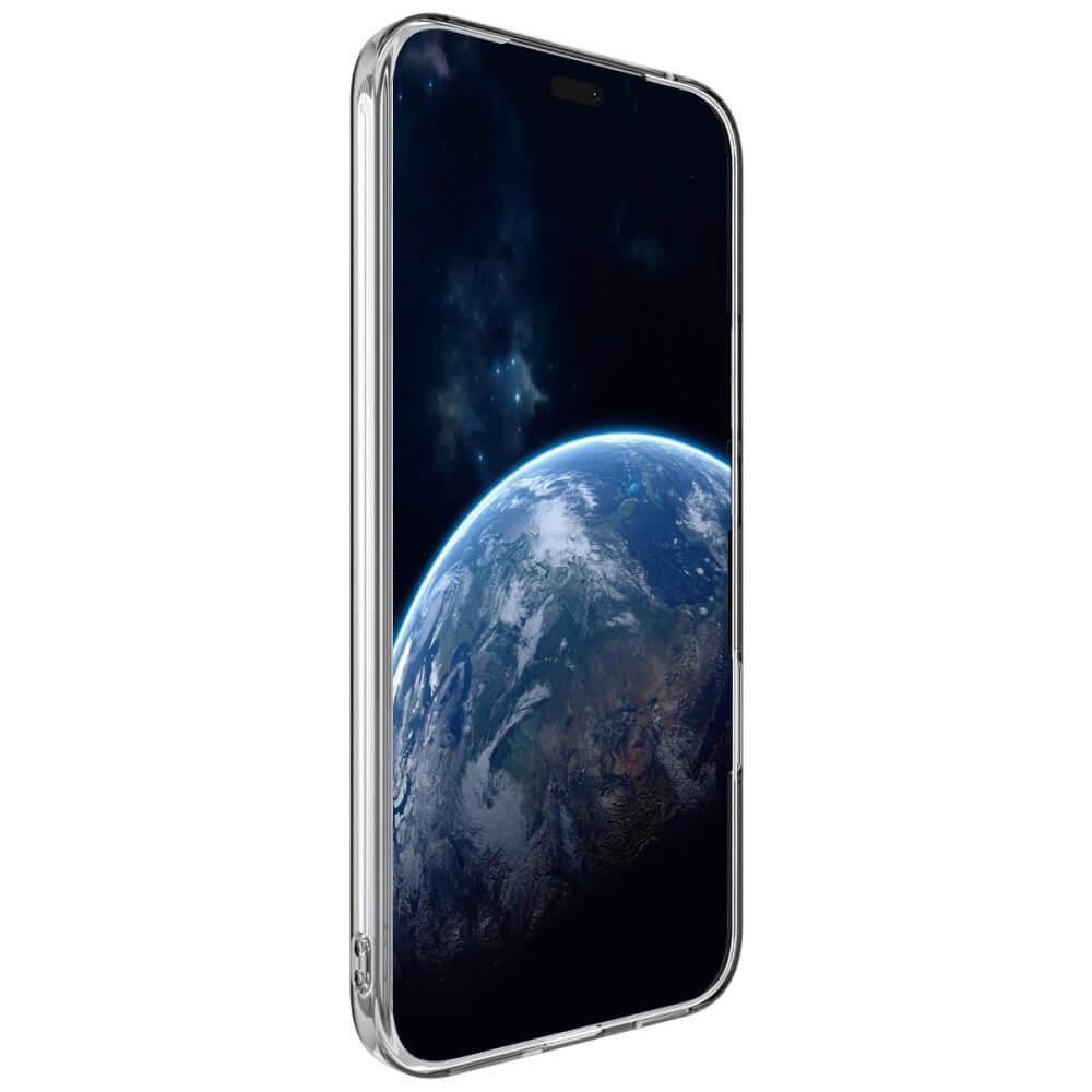Une coque de téléphone transparente montrant la Terre vue de l'espace.