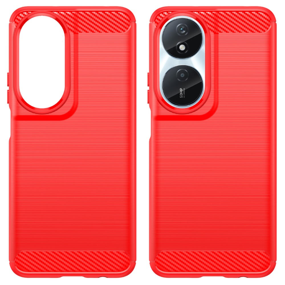Coque de téléphone rouge avec découpe caméra et accents fibre de carbone.