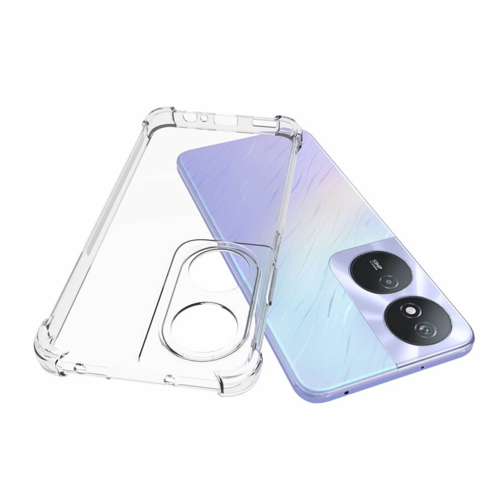 Une coque de téléphone transparente repose à côté d'un téléphone violet.