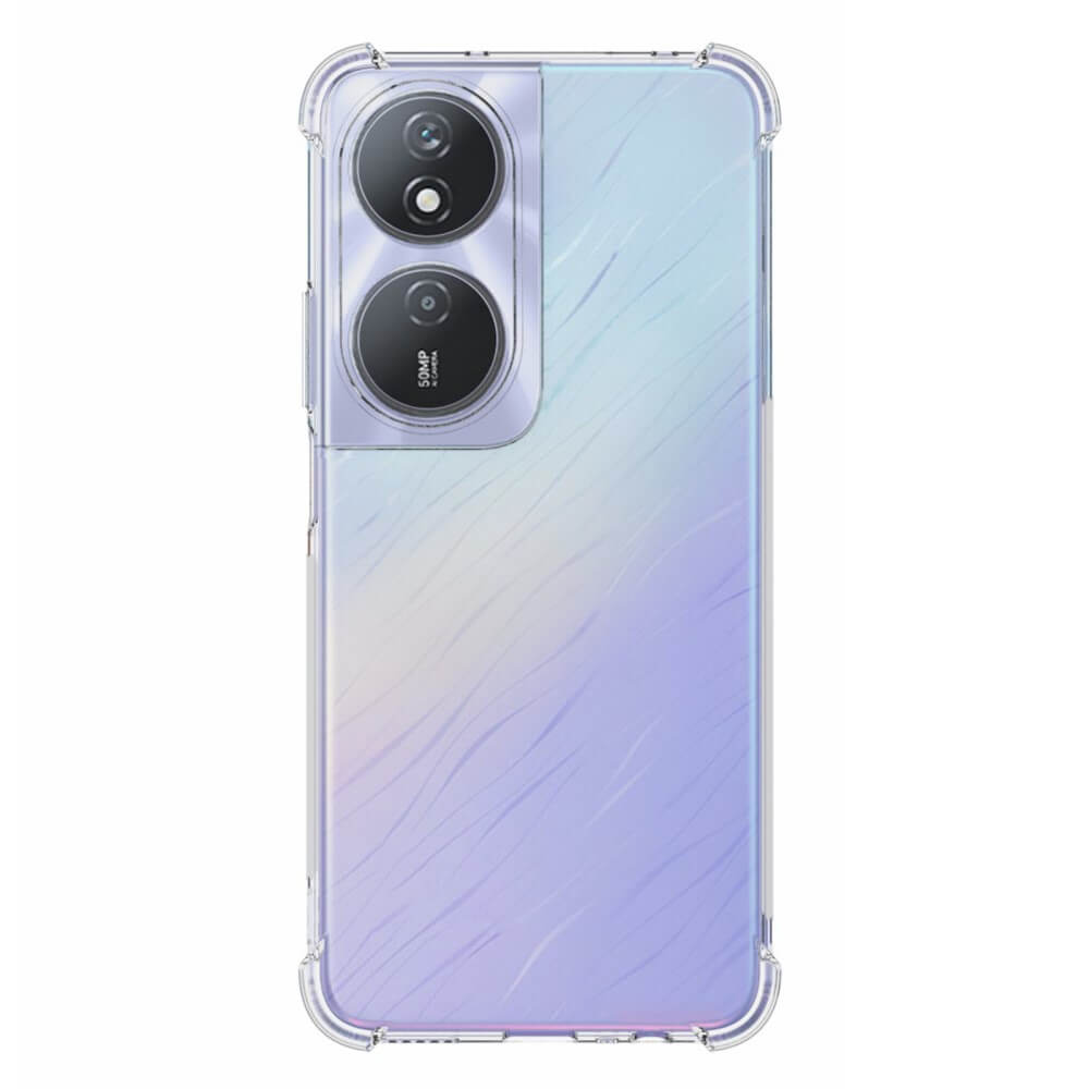 Une coque de téléphone transparente avec un dégradé violet à bleu, comportant deux caméras.