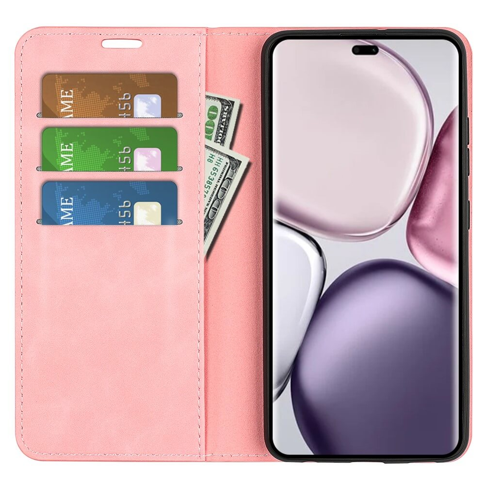 Un étui de téléphone rose avec des fentes pour cartes et de l'argent, à côté d'un smartphone.
