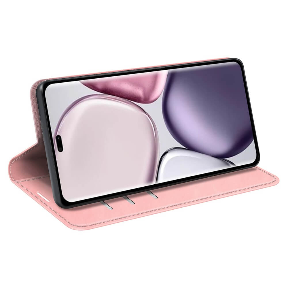 Un étui rose pour téléphone avec un smartphone, présenté sur fond blanc.