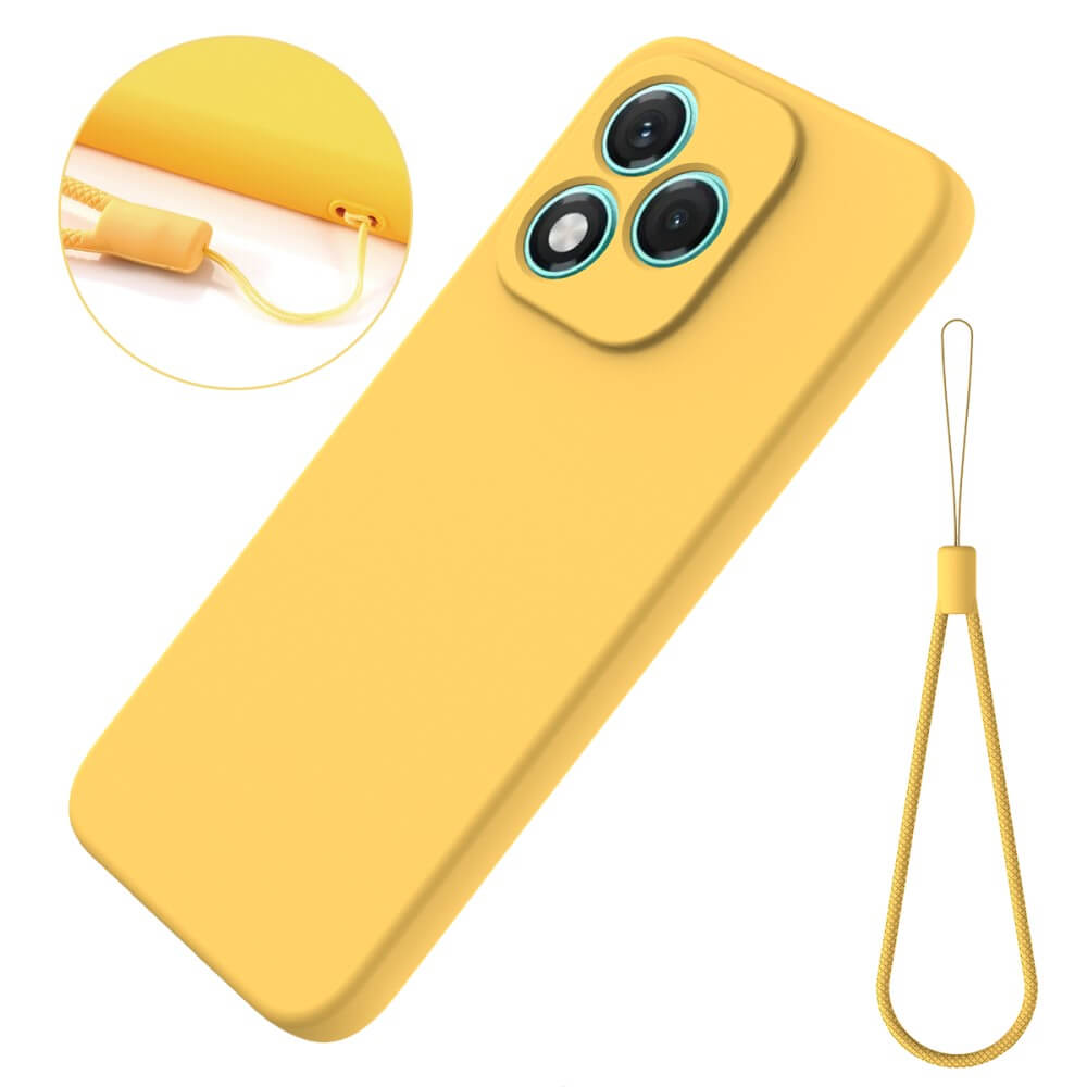 Une coque de téléphone jaune avec trois objectifs et une dragonne.