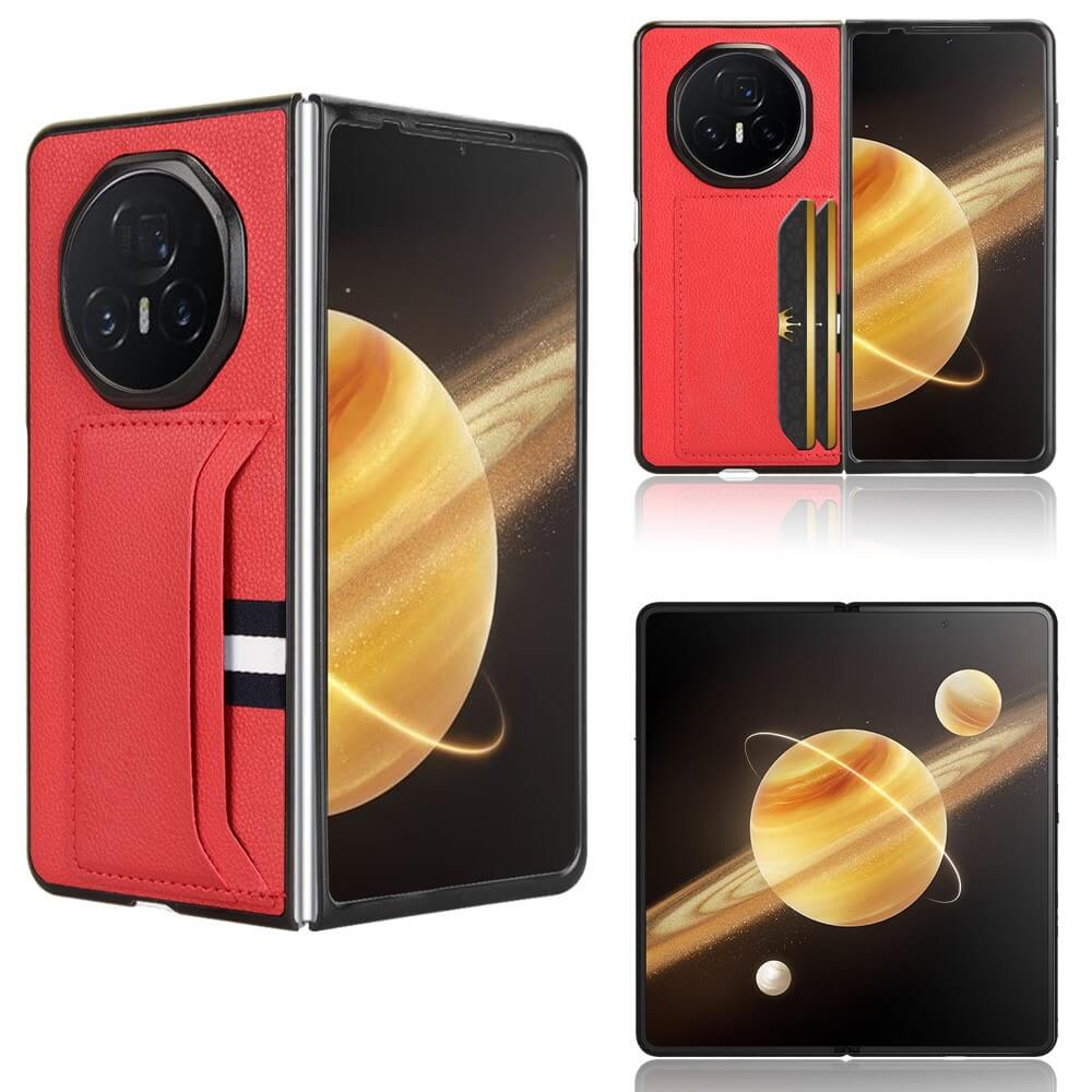 Coque de téléphone rouge avec fentes pour cartes et téléphone pliable ouvert affichant un graphique de planète.