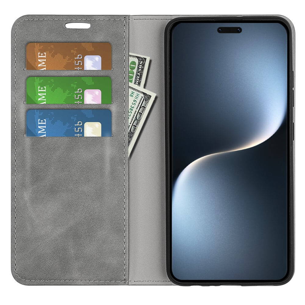 Étui de téléphone gris avec fentes pour cartes, cartes de crédit et billets.