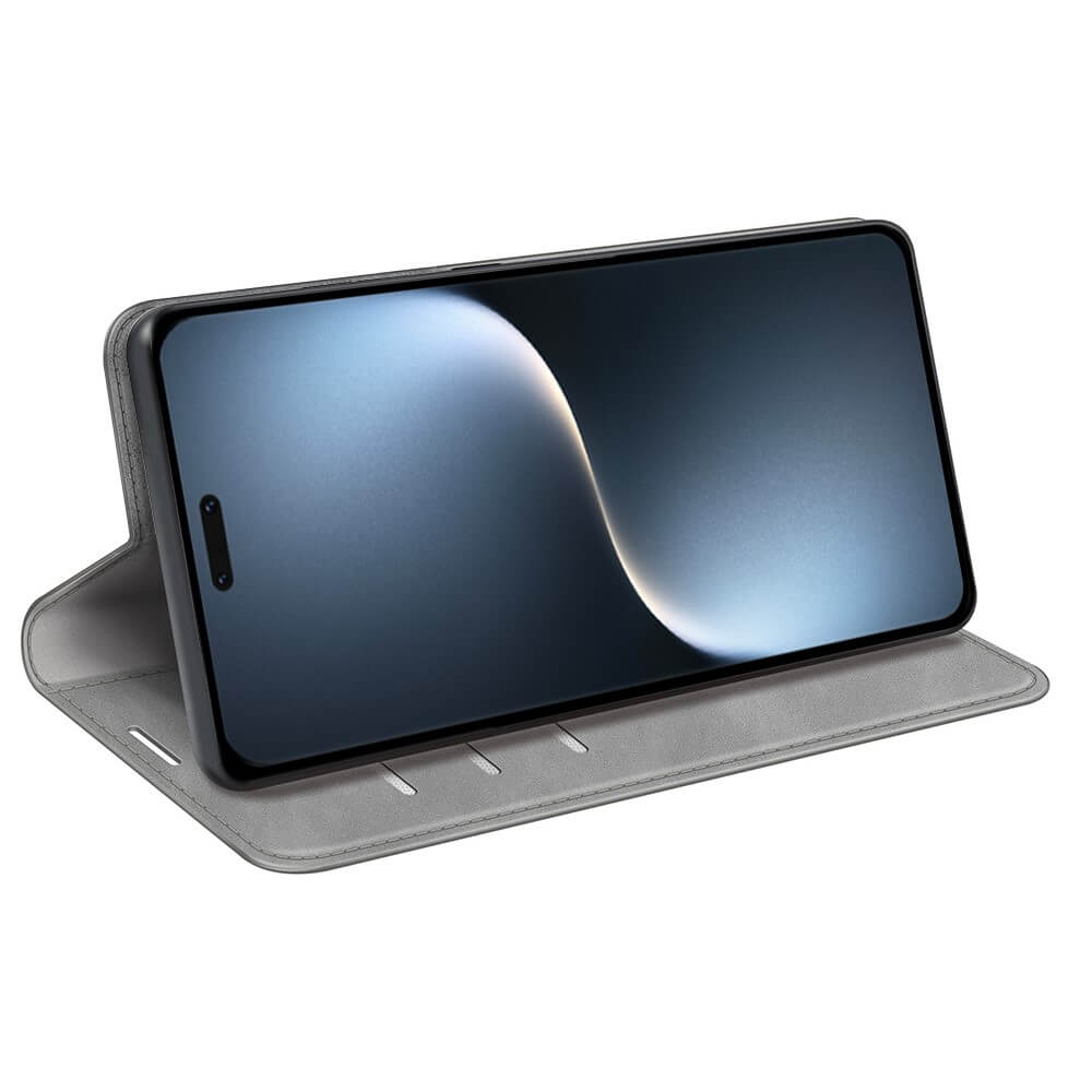 Un étui portefeuille gris tenant un smartphone, présenté sur une surface blanche.