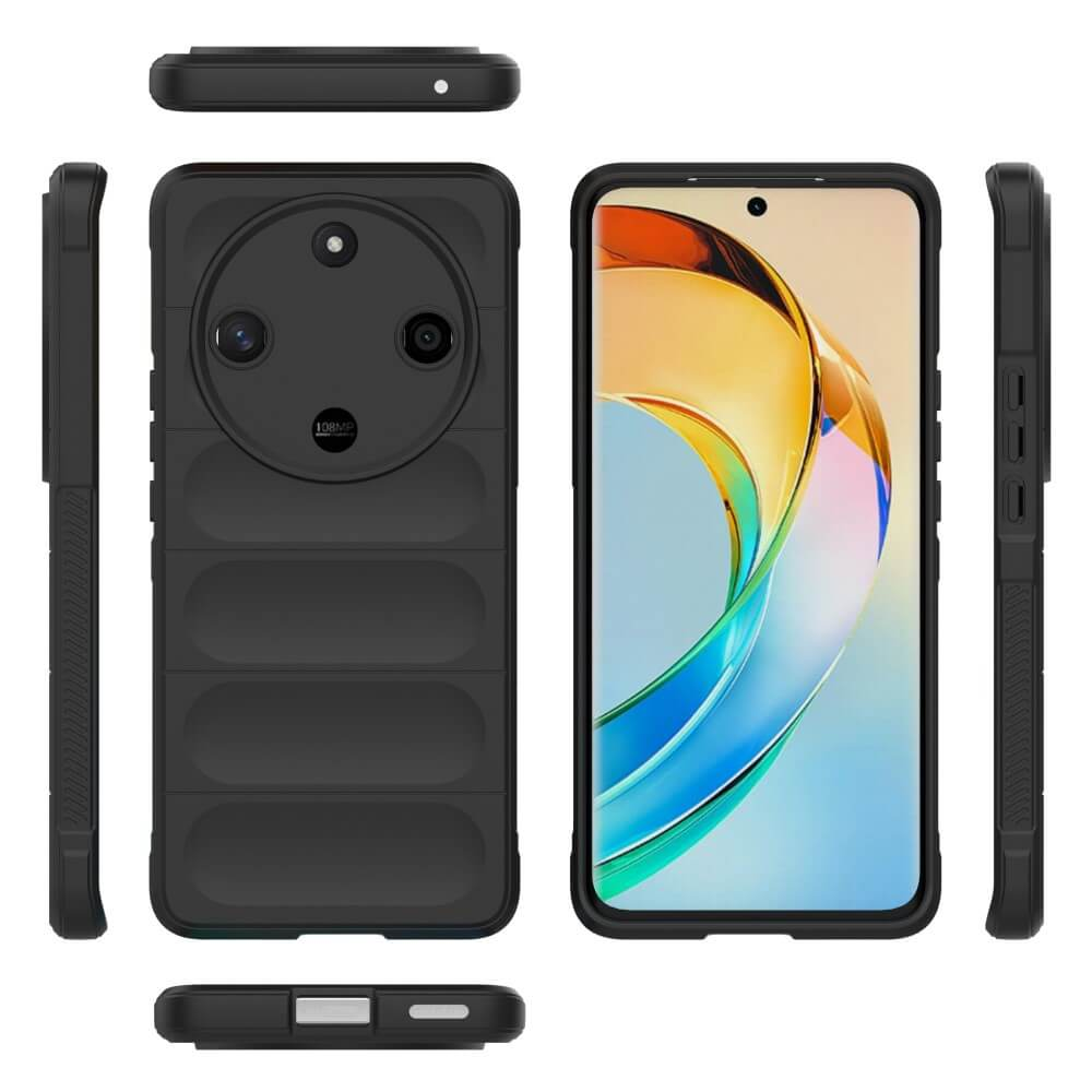 Coque de téléphone noire vue de face, de dos et de côté, avec détail caméra.