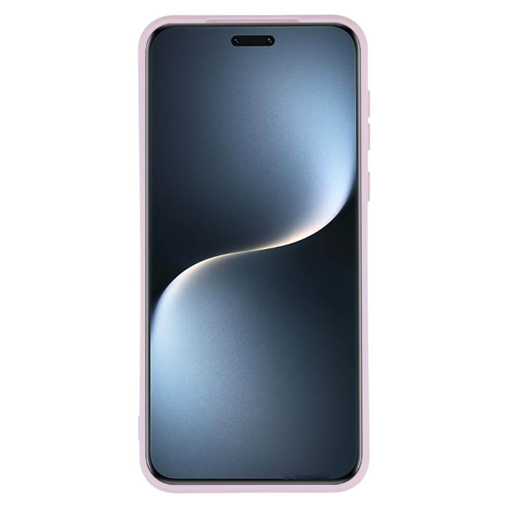 Un étui de tél éphone rose pâle entoure un smartphone avec un fond d'écran bleu et gris.