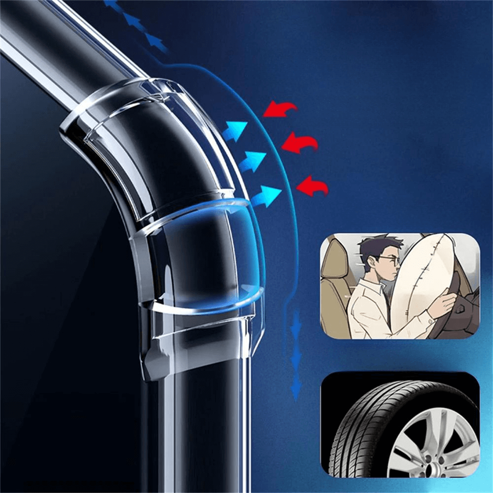 Tube transparent avec flèches bleues/rouges, homme en voiture, pneu de voiture.