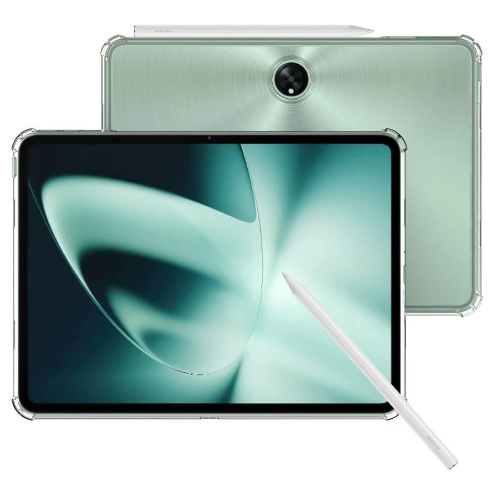 Tablette verte avec stylet, caméra arrière, vue de l'écran avant.