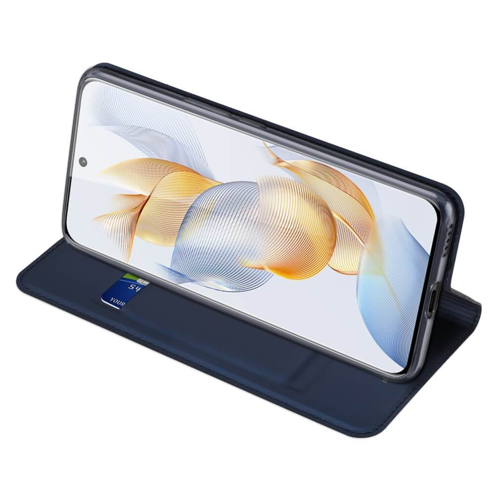 Un étui de téléphone bleu foncé tenant un smartphone affichant un fond abstrait.